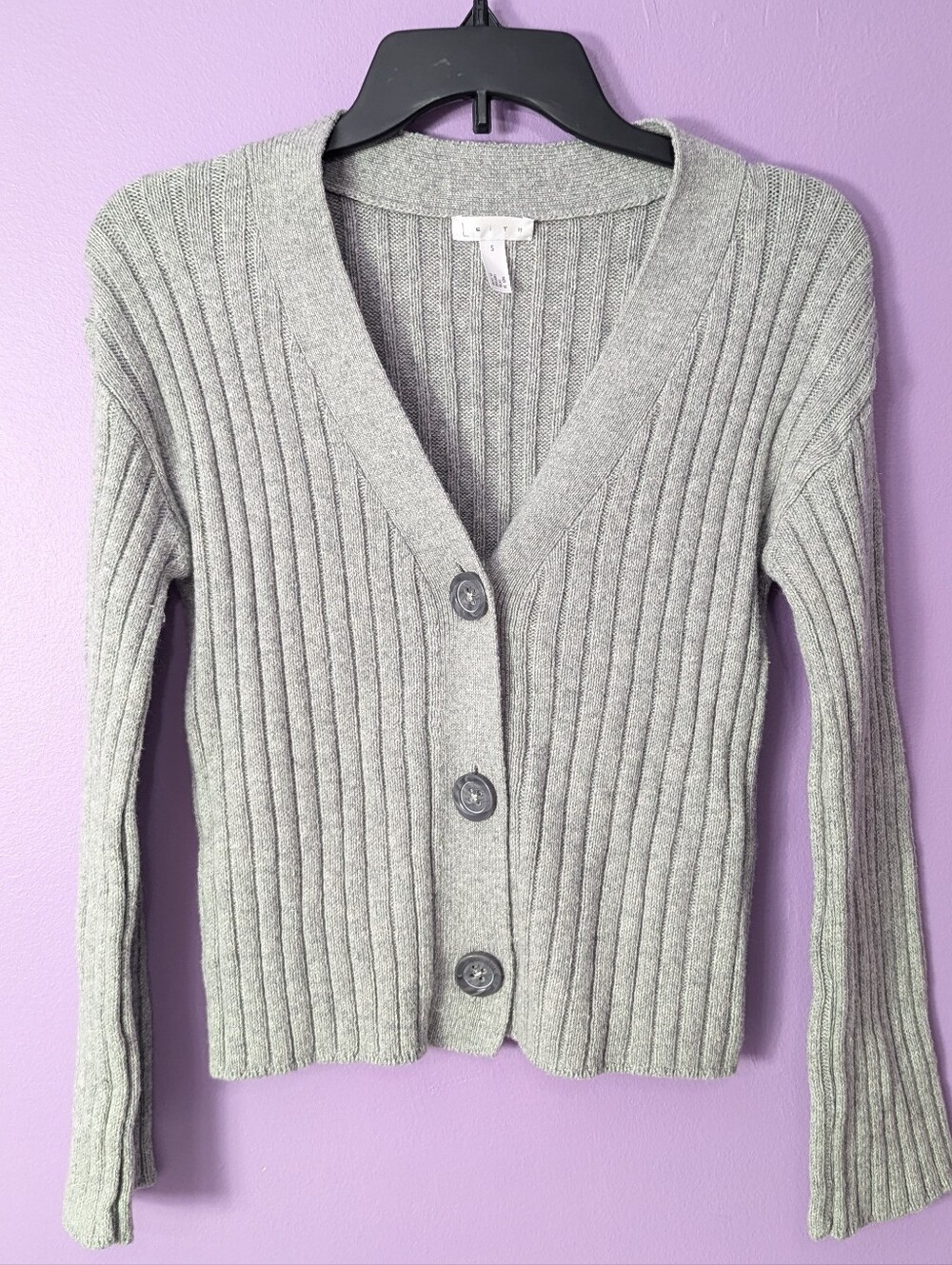 Leith Grey Small Ribbed Knit Button-Front Cardigan Sweater